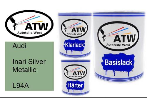 Audi, Inari Silver Metallic, L94A: 1L Lackdose + 1L Klarlack + 500ml Härter - Set, von ATW Autoteile West.